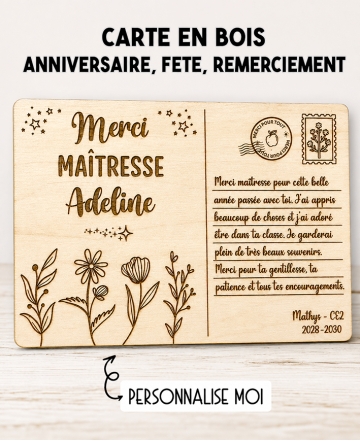 carte en bois personnalisée, cadeau anniversaire, carte remerciement bois, cadeau fête personnalisé, cadeau souvenir original