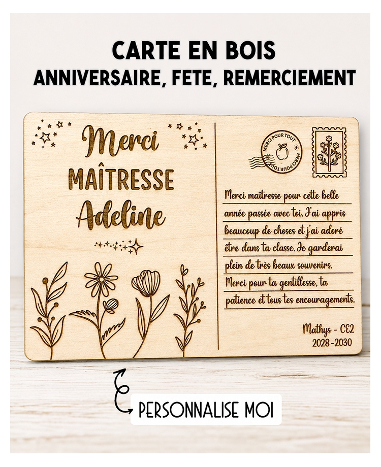 carte en bois personnalisée, cadeau anniversaire, carte remerciement bois, cadeau fête personnalisé, cadeau souvenir original