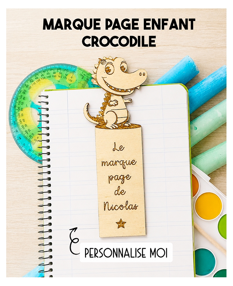 Marque page enfant en bois Crocodile. marque page bois personnalisé. marque page enfant. cadeau enfant lecture