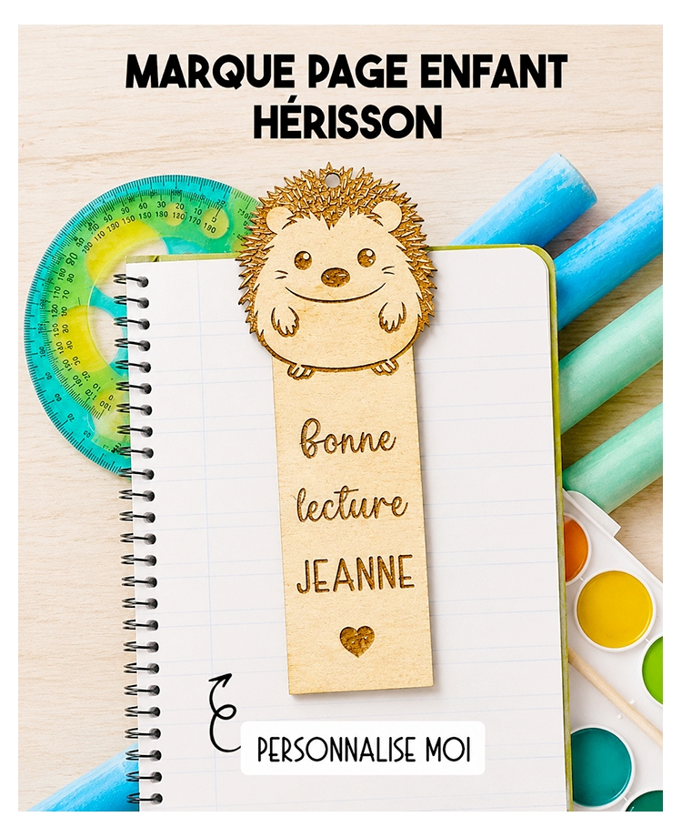 Marque page enfant en bois Hérisson. marque page bois personnalisé. marque page enfant. cadeau enfant lecture
