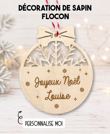 Boule de noël en bois. Décoration noël prénom. Boule noël bois personnalisée. Boule noël prénom flocon
