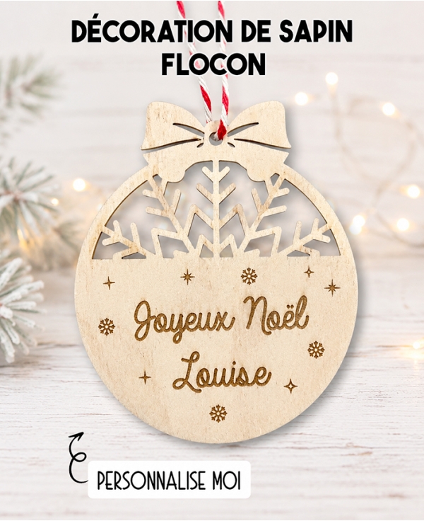 Boule de noël en bois. Décoration noël prénom. Boule noël bois personnalisée. Boule noël prénom flocon