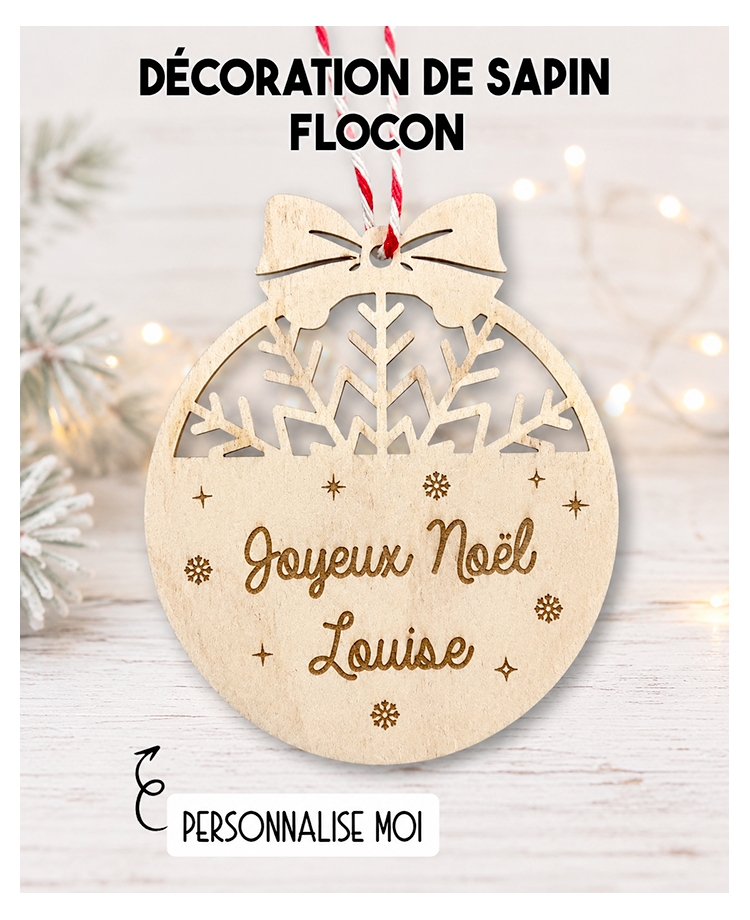 Boule de noël en bois. Décoration noël prénom. Boule noël bois personnalisée. Boule noël prénom flocon