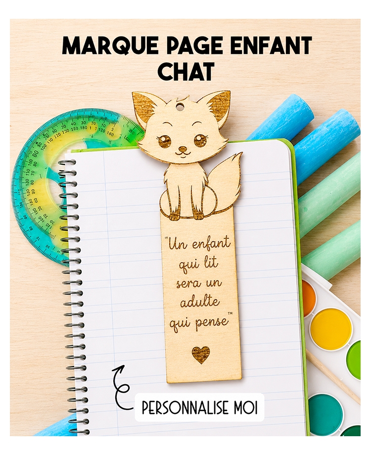 Marque page enfant en bois Chat. marque page bois personnalisé. marque page enfant. cadeau enfant lecture