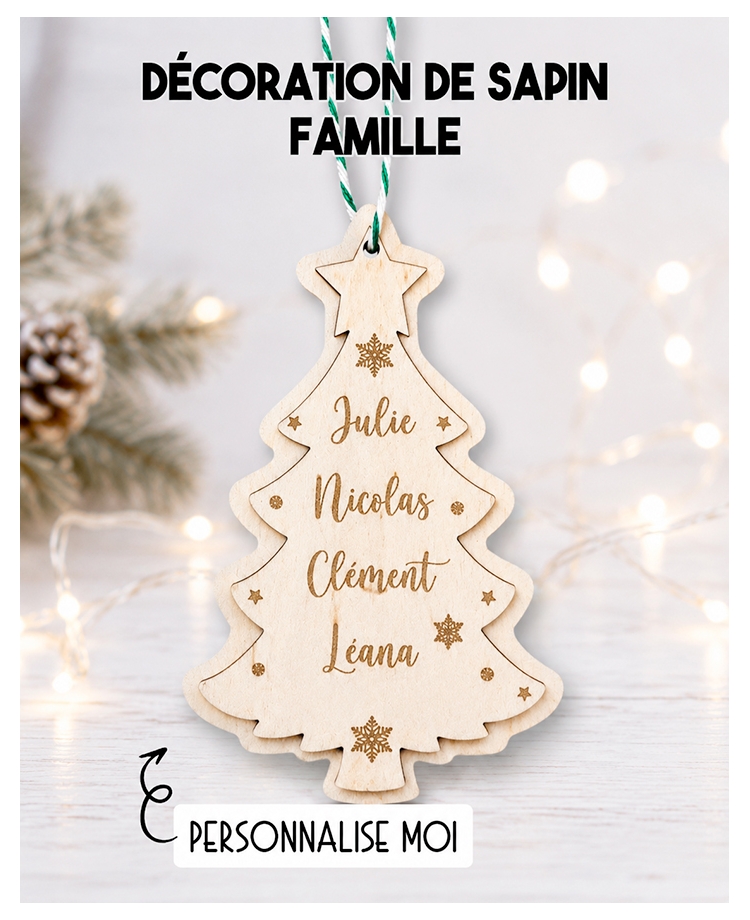 Sapin de noël en bois. Décoration Sapin famille. décoration noël bois personnalisée. Boule noël prénom famille