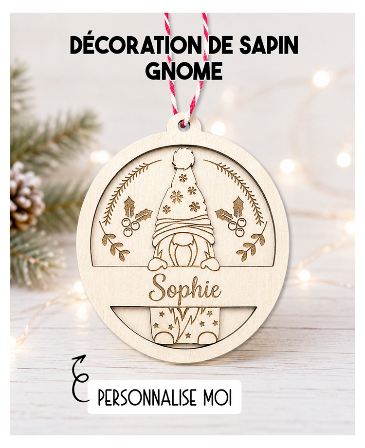 Boule de noël en bois. Décoration noël prénom. Boule noël bois personnalisée. Boule noël prénom gnome