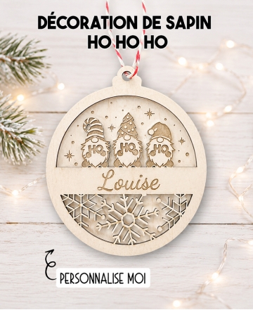 Boule de noël en bois. Décoration noël prénom. Boule noël bois personnalisée. Boule noël prénom ho ho ho