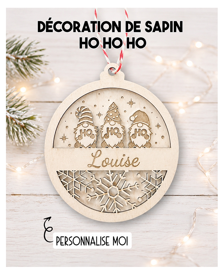 Boule de noël en bois. Décoration noël prénom. Boule noël bois personnalisée. Boule noël prénom ho ho ho