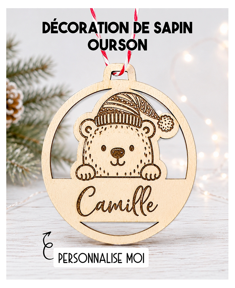 Boule de noël en bois. Décoration noël prénom. Boule noël bois personnalisée. Boule noël prénom ourson