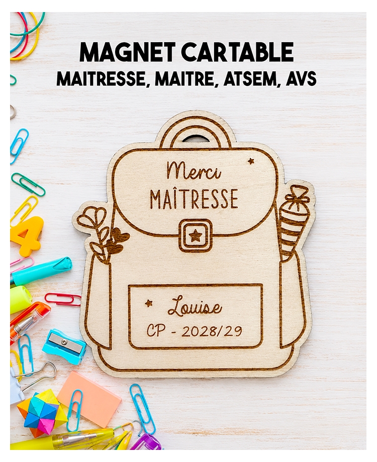 Magnet cartable en bois pour maîtresse, cadeau maitresse, magnet maitresse, magnet atsem