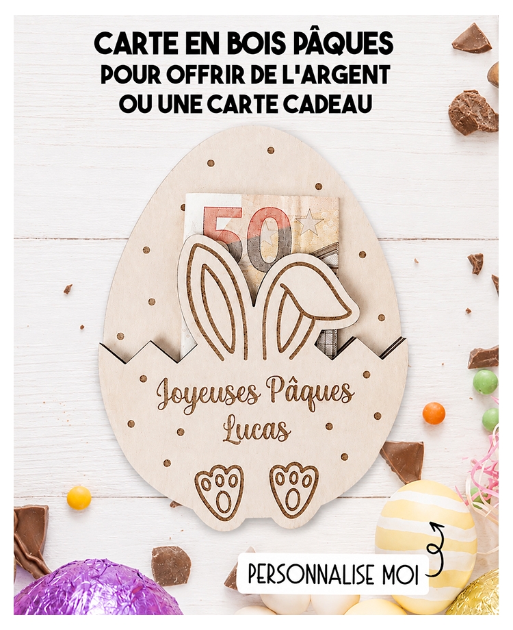 carte en bois pâques. Carte cadeau pâques. Cadeau pâques original. offrir argent pâques original
