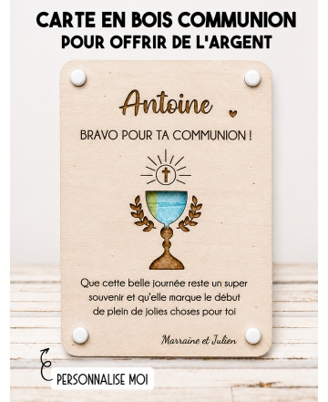 carte communion bois, carte gravée communion, cadeau communion original, enveloppe argent communion, support billet communion