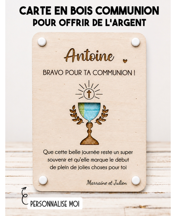 carte communion bois, carte gravée communion, cadeau communion original, enveloppe argent communion, support billet communion