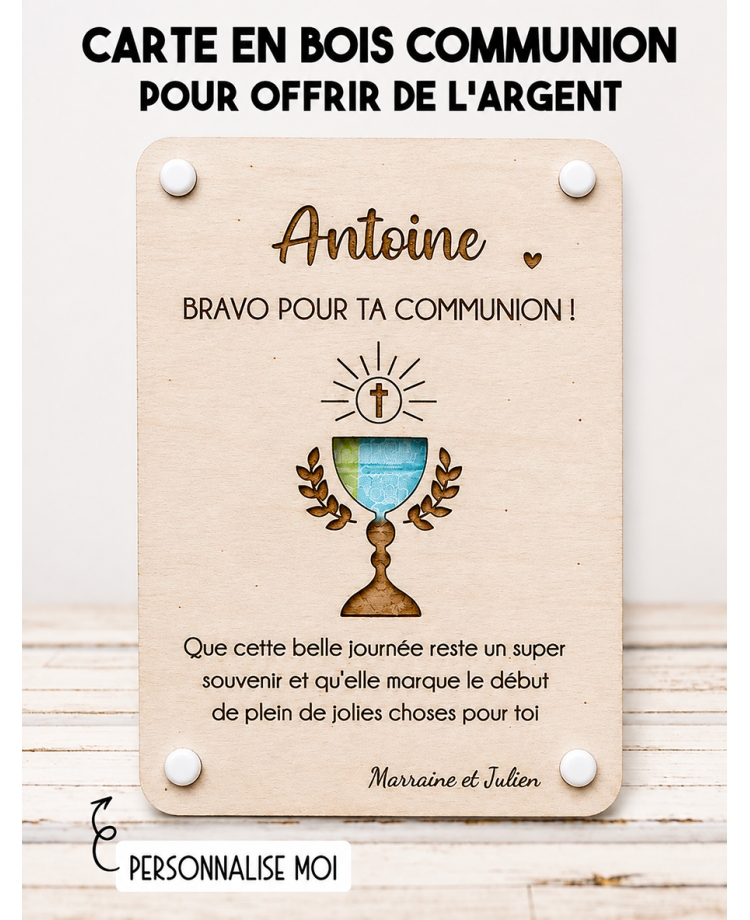 carte communion bois, carte gravée communion, cadeau communion original, enveloppe argent communion, support billet communion