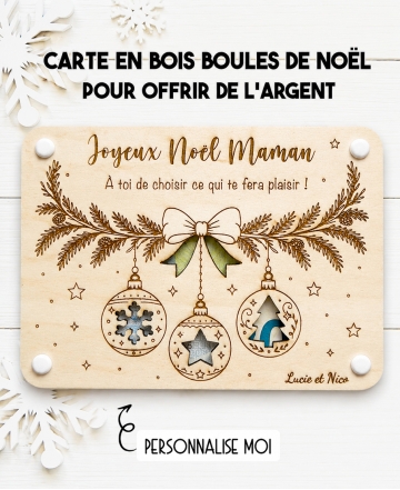 carte en bois Noël, carte Noël personnalisée, boules de Noël, cadeau Noël original, offrir de l'argent Noël, cadeau personnalisé