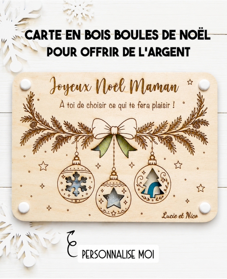 carte en bois Noël, carte Noël personnalisée, boules de Noël, cadeau Noël original, offrir de l'argent Noël, cadeau personnalisé