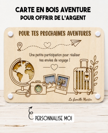 carte en bois voyage, cadeau voyage personnalisé, offrir de l'argent voyage, cadeau pour voyage