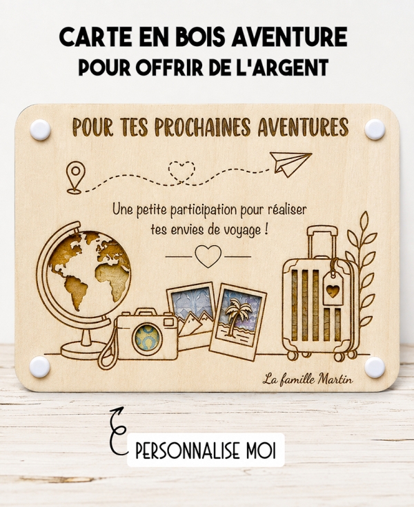 carte en bois voyage, cadeau voyage personnalisé, offrir de l'argent voyage, cadeau pour voyage