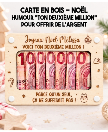 carte en bois Noël, cadeau argent Noël, cadeau humour Noël, deuxième million, cadeau original Noël, idée cadeau Noël