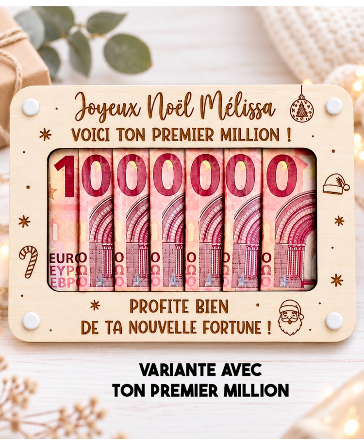 carte en bois Noël, cadeau argent Noël, cadeau humour Noël, premier million, cadeau original Noël, idée cadeau Noël