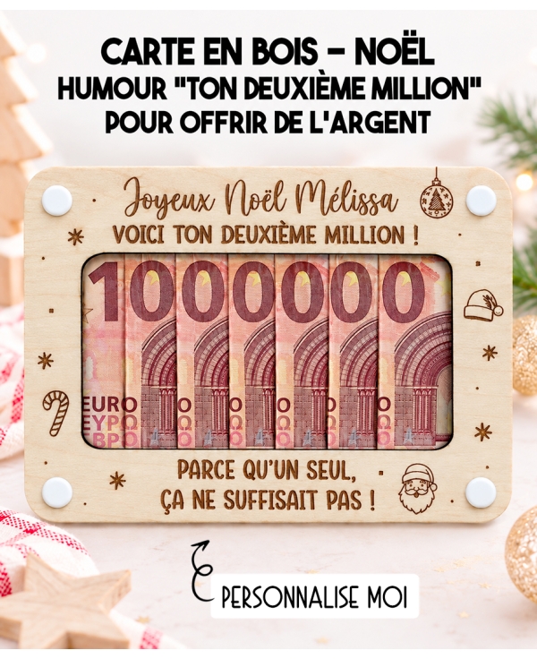 carte en bois Noël, cadeau argent Noël, cadeau humour Noël, deuxième million, cadeau original Noël, enveloppe argent