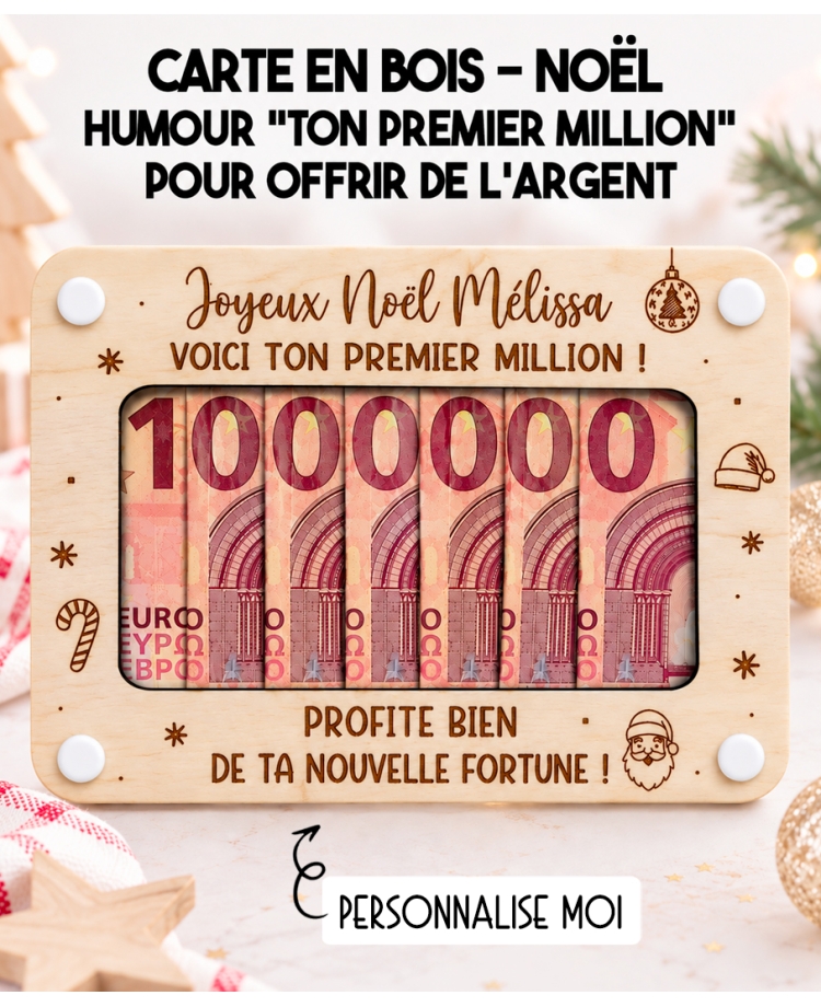 carte en bois Noël, cadeau argent Noël, cadeau humour Noël, premier million, cadeau original Noël, idée cadeau Noël
