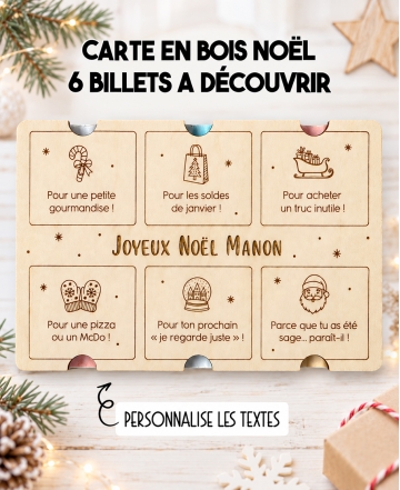 enveloppe argent noël, carte en bois Noël, cadeau argent Noël, carte cadeau personnalisée, idée cadeau Noël