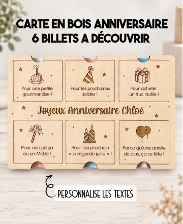 Carte en bois Anniversaire – 6 billets à découvrir – Cadeau original et personnalisé
