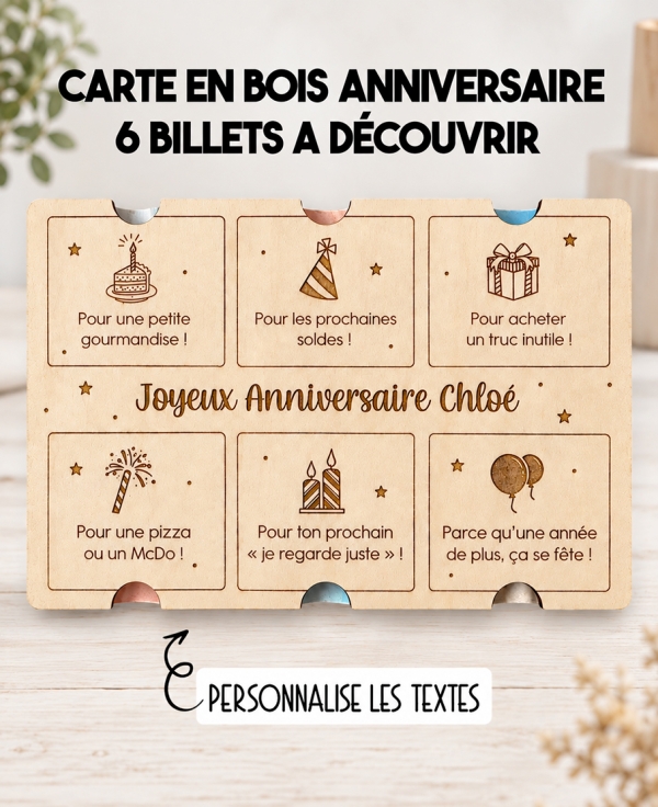 Carte en bois Anniversaire – 6 billets à découvrir – Cadeau original et personnalisé