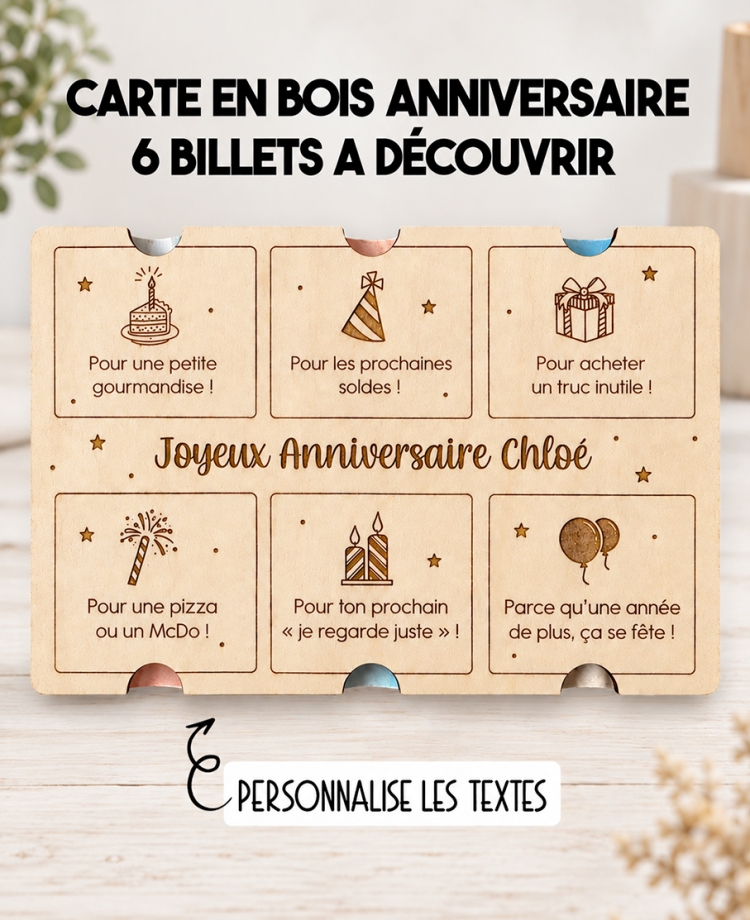Carte en bois Anniversaire – 6 billets à découvrir – Cadeau original et personnalisé
