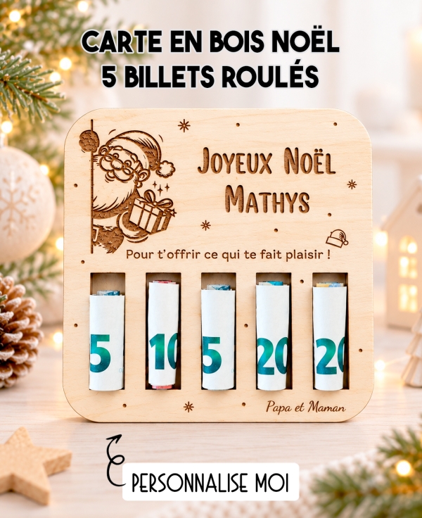 Carte Noël bois, cadeau argent, billets roulés, Noël personnalisé, cadeau original, Père Noël au choix