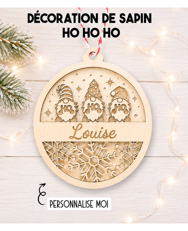 Boule de noël en bois. Décoration noël prénom. Boule noël bois personnalisée. Boule noël prénom ho ho ho