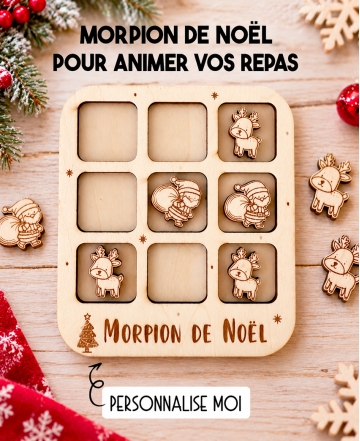 morpion de Noël, jeu de Noël en bois, décoration table Noël, jeu famille Noël, petit cadeau Noël