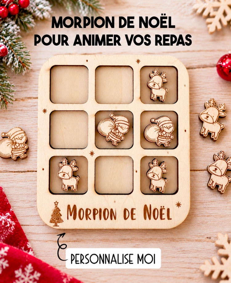 morpion de Noël, jeu de Noël en bois, décoration table Noël, jeu famille Noël, petit cadeau Noël