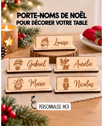 marque-place Noël, marque-place bois personnalisé, décoration table Noël, marque-place prénom, décoration Noël bois